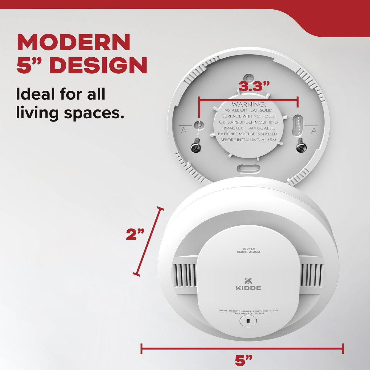 Kidde battery-powered smoke alarm dimensions: 5 inches wide and 2 inches deep