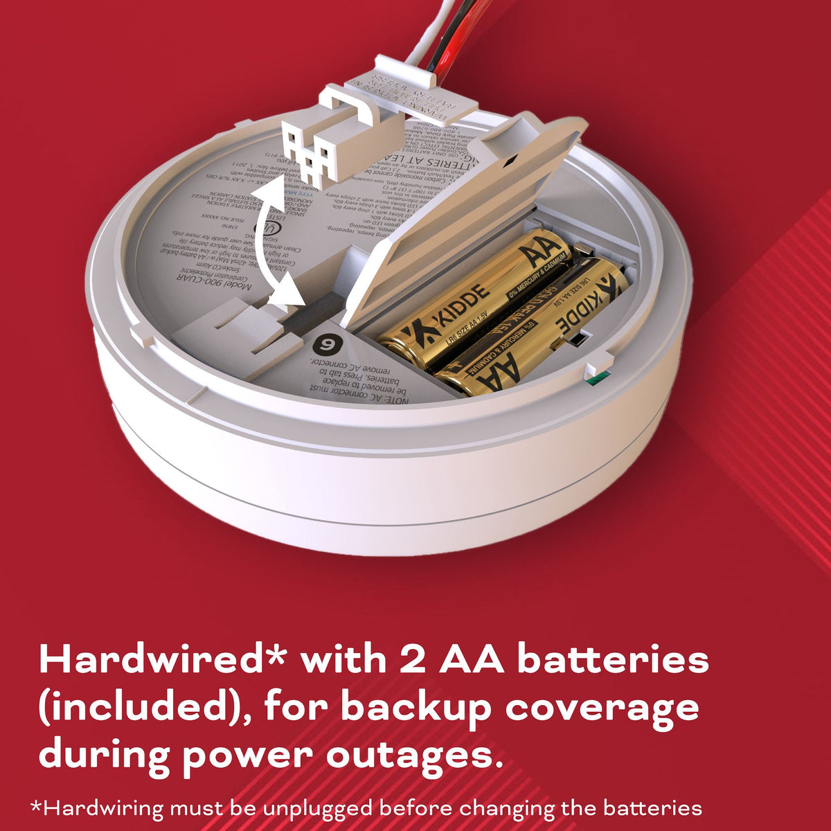 Kidde 900-CUAR-V alarm AA backup battery compartment and hardwired connection