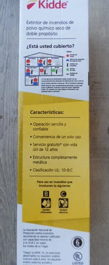 Kidde M10G package side showing 10-B:C rating and all-metal construction