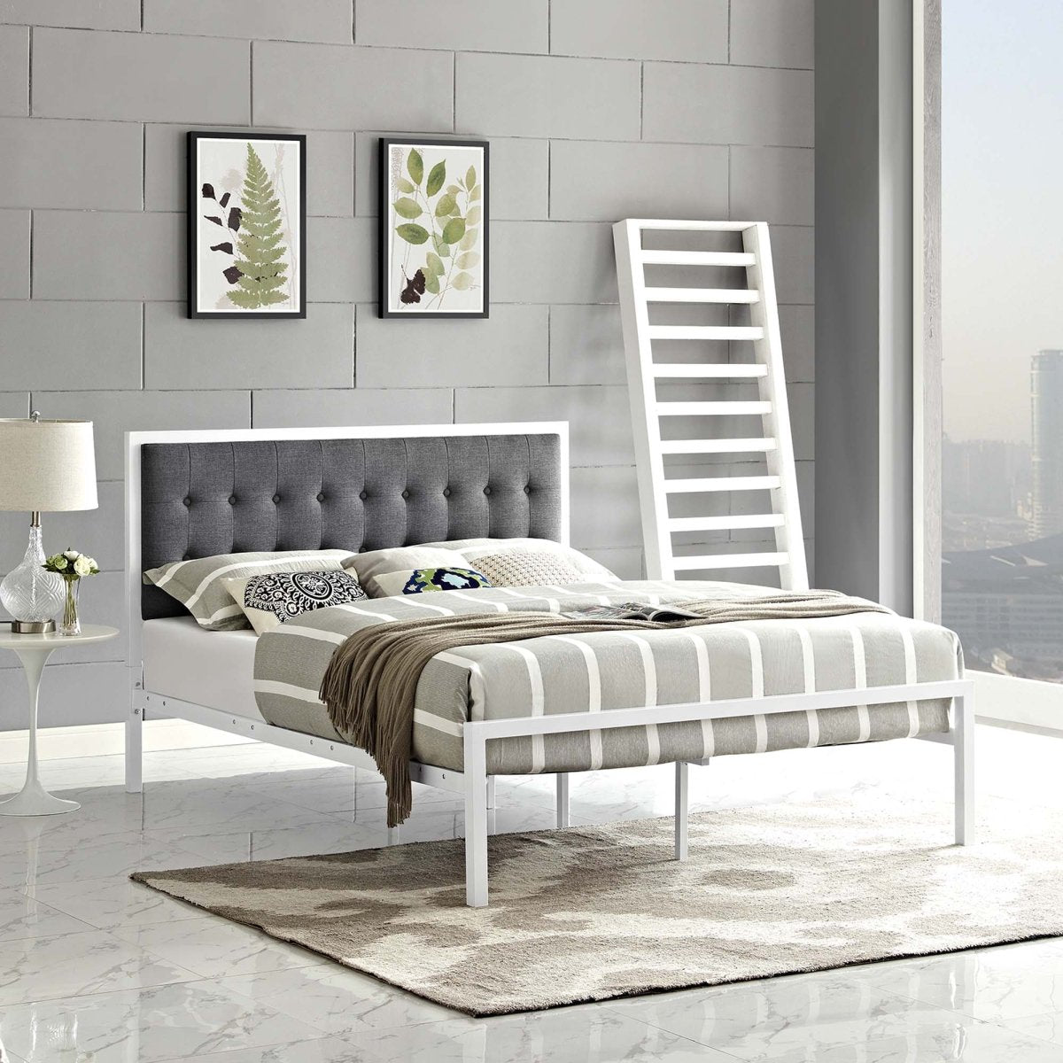 King Tufted Button Fabric and Steel Platform Bed in White Gray - Platform Bed available at Alpine Outlets in Denver