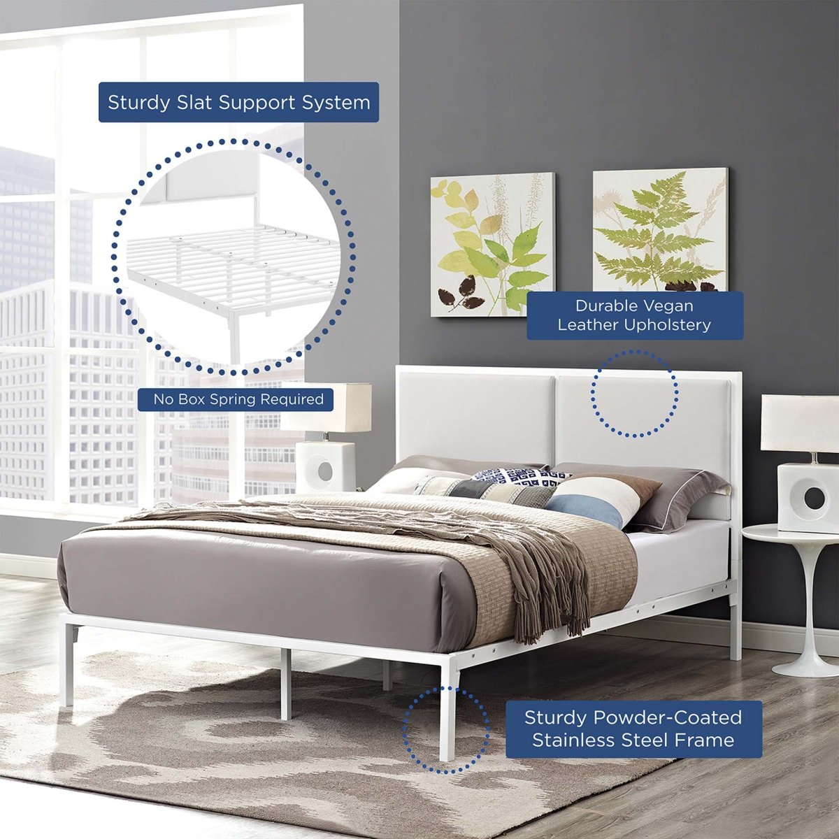King Upholstered Vinyl and Steel Platform Bed in White - Platform Bed available at Alpine Outlets in Denver