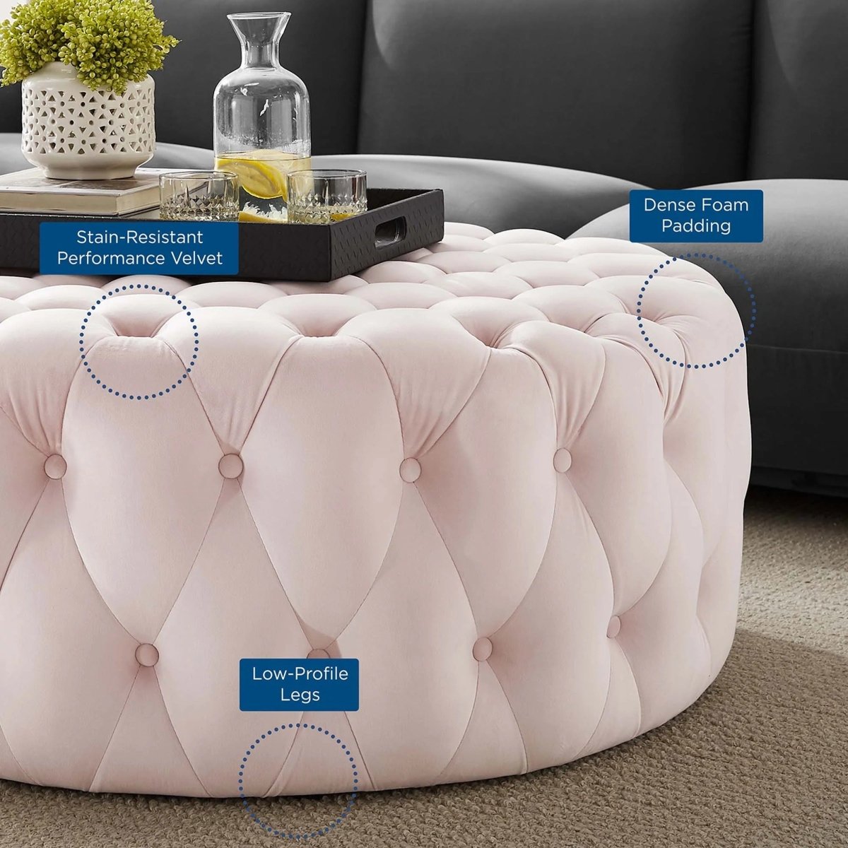 Large Round Tufted Velvet Ottoman – Upholstered 40 Inch - Ottomans available at Alpine Outlets in Denver