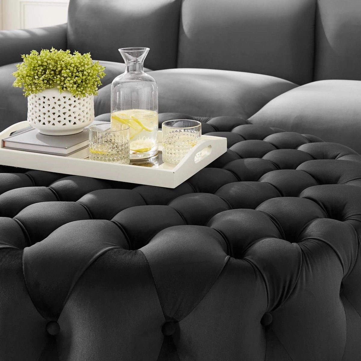 Large Round Tufted Velvet Ottoman – Upholstered 40 Inch - Ottomans available at Alpine Outlets in Denver