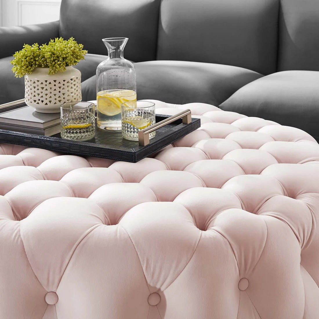 Large Round Tufted Velvet Ottoman – Upholstered 40 Inch - Ottomans available at Alpine Outlets in Denver