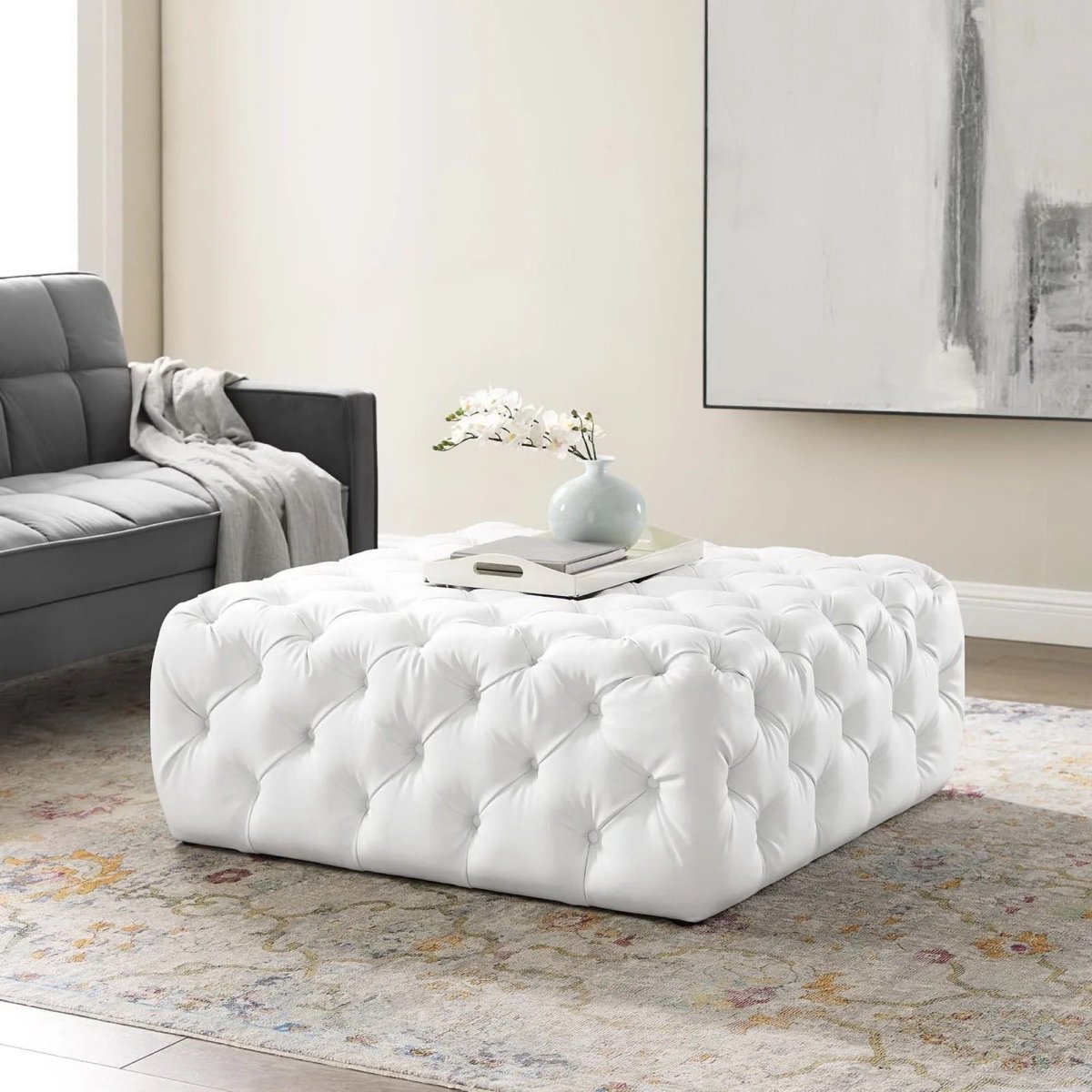 Large Square Tufted Faux Leather Ottoman – Upholstered 39 Inch - Ottomans available at Alpine Outlets in Denver