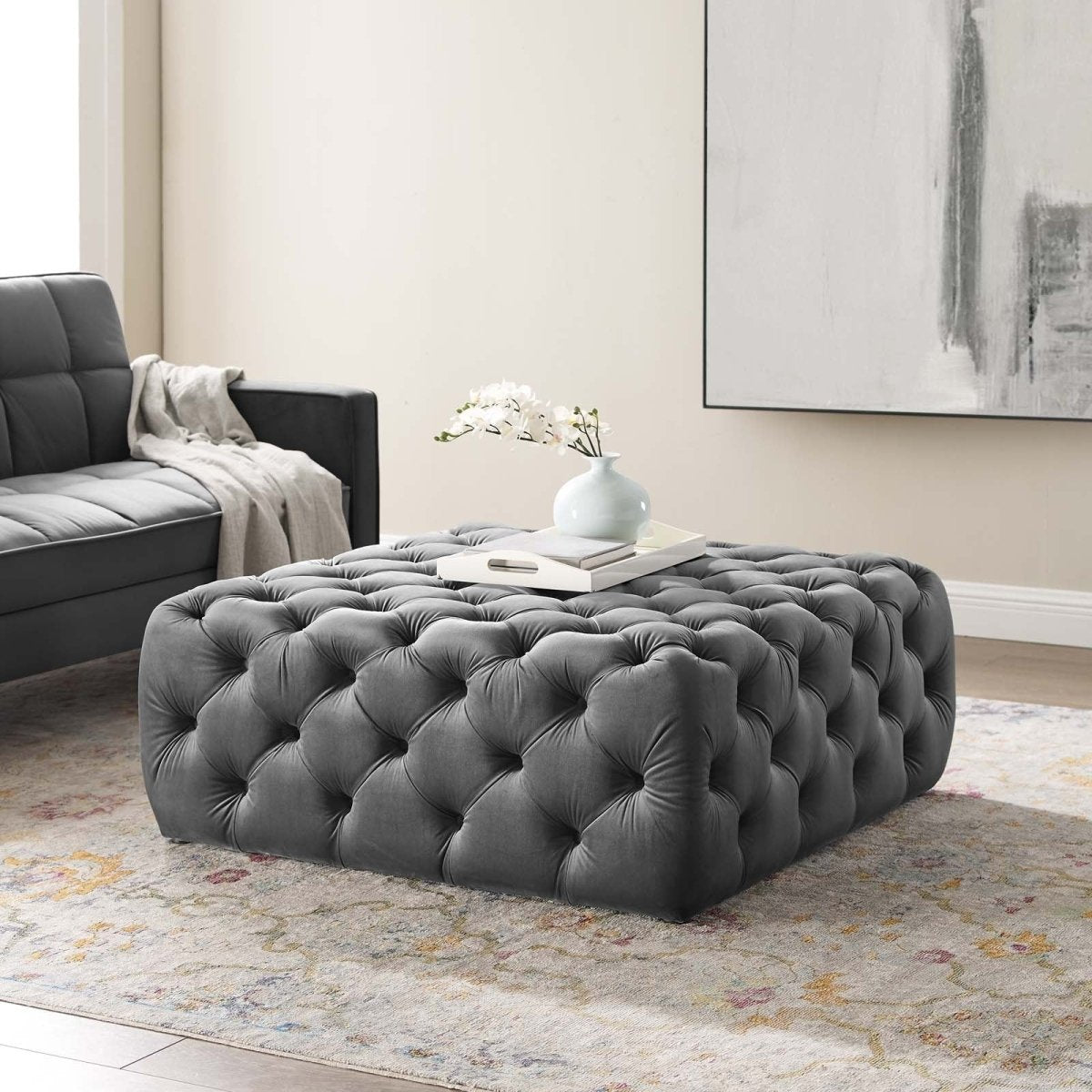 Large Square Tufted Velvet Ottoman – Upholstered 39 Inch - Ottomans available at Alpine Outlets in Denver