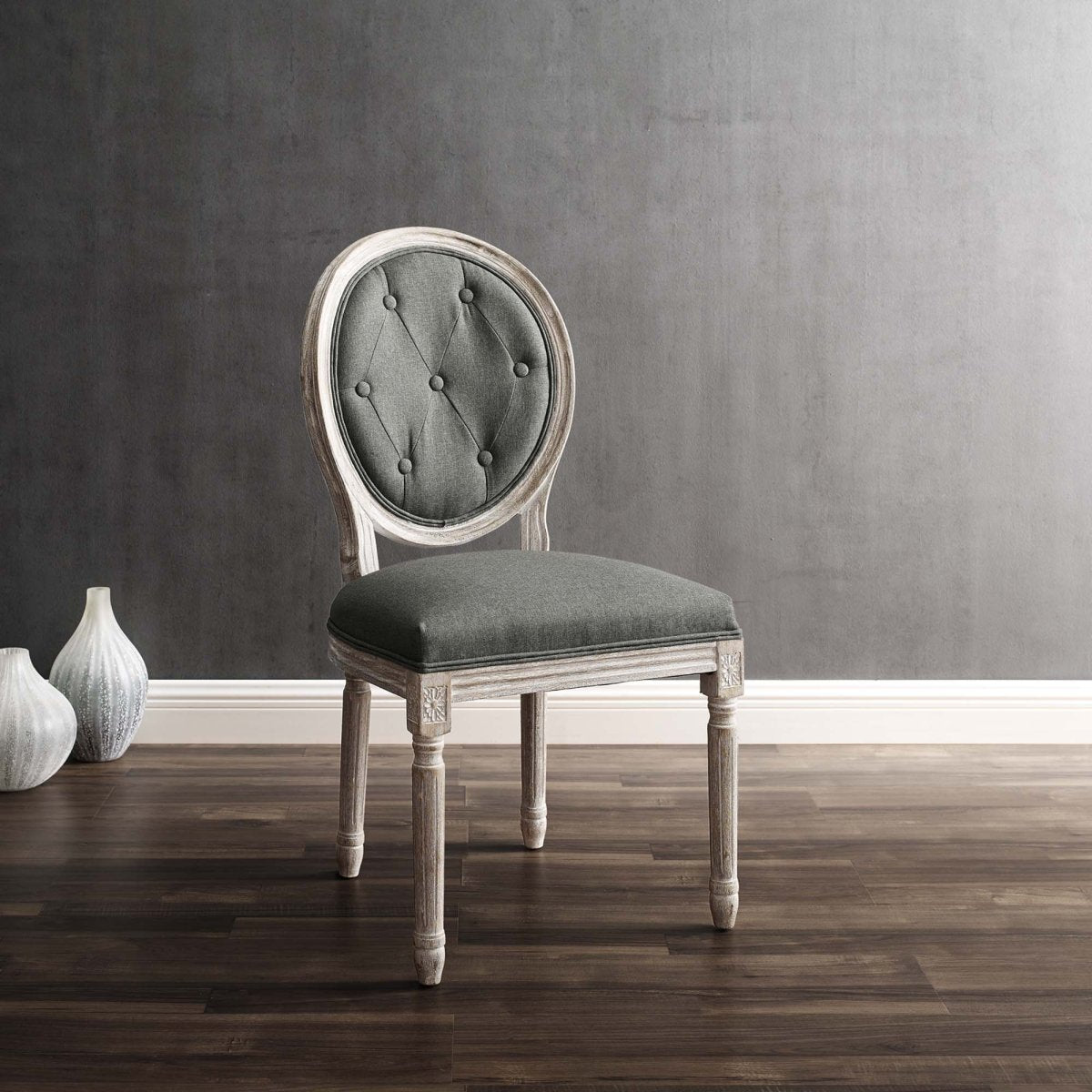 Light Gray Button Tufted Oval Back Vintage French Dining Side Chair - Dining Chairs available at Alpine Outlets in Denver