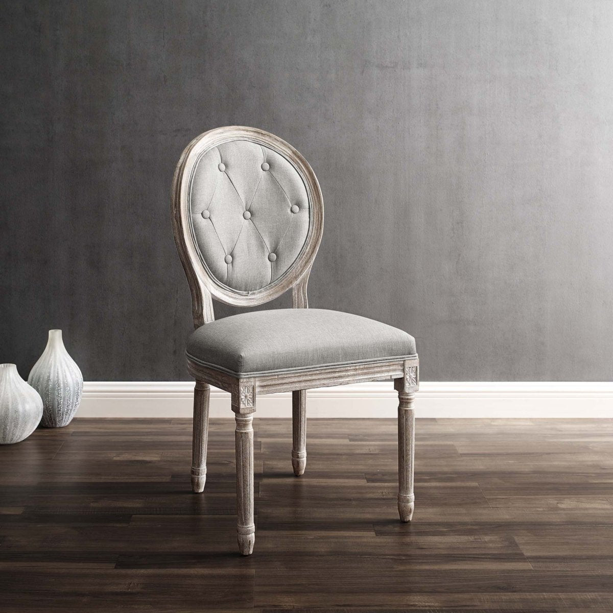 Light Gray Button Tufted Oval Back Vintage French Dining Side Chair - Dining Chairs available at Alpine Outlets in Denver