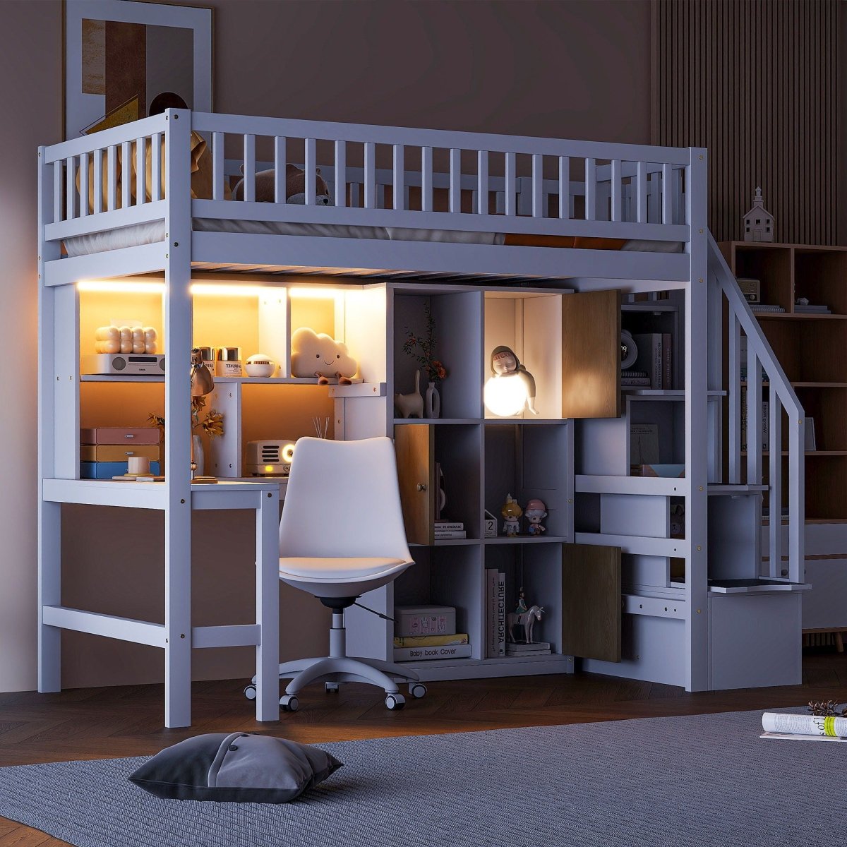 Loft Bed With Built In L Shaped Desk, LED Lights, Storage Shelves, Cabinets, And Staircase - Loft Beds available at Alpine Outlets in Denver