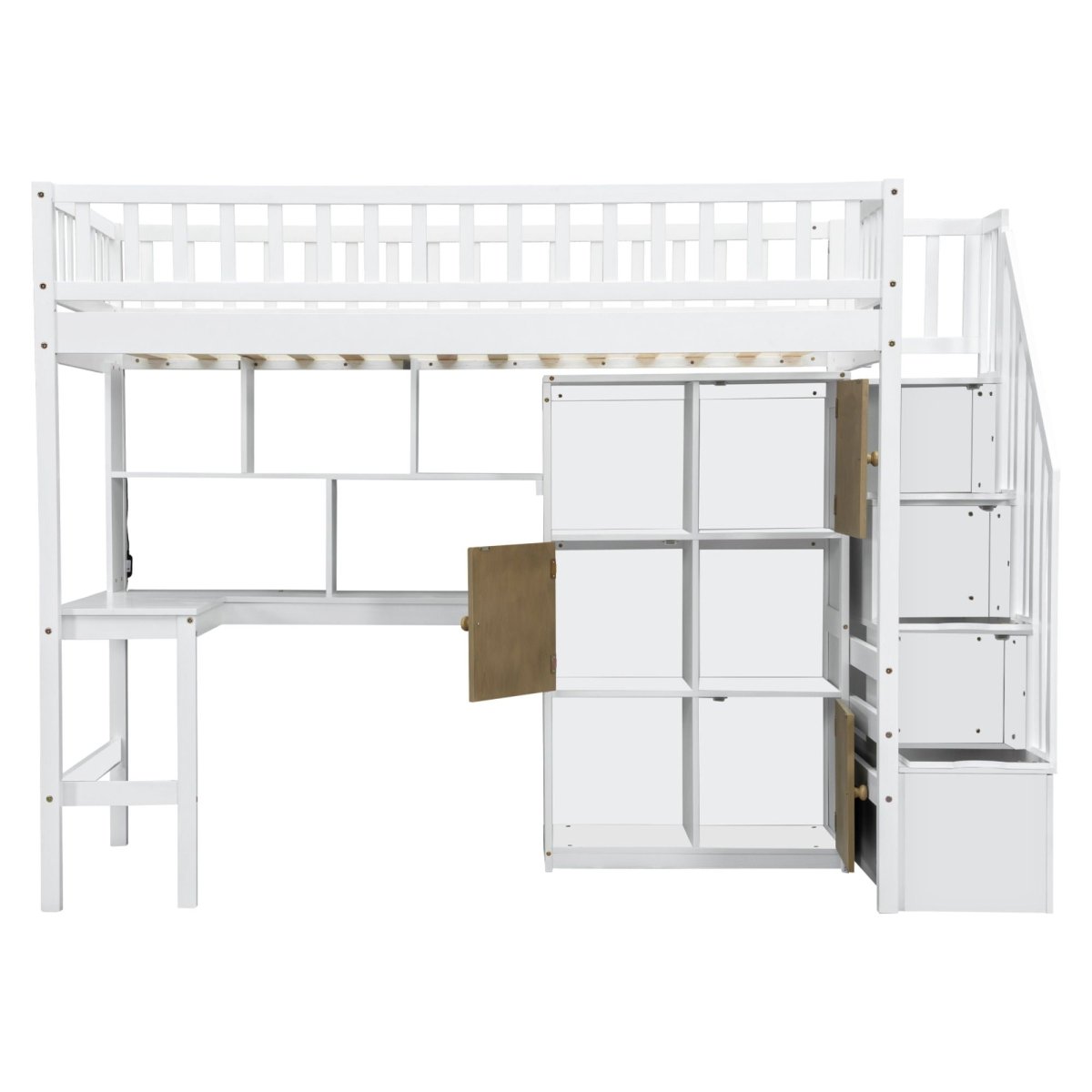 Loft Bed With Built In L Shaped Desk, LED Lights, Storage Shelves, Cabinets, And Staircase - Loft Beds available at Alpine Outlets in Denver