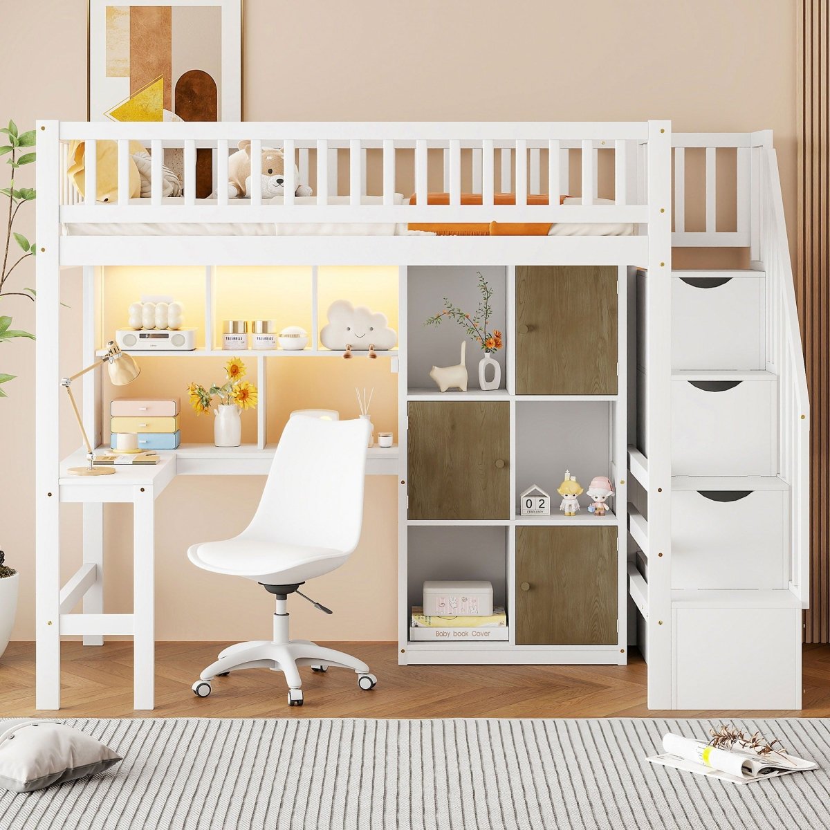 Loft Bed With Built In L Shaped Desk, LED Lights, Storage Shelves, Cabinets, And Staircase - Loft Beds available at Alpine Outlets in Denver