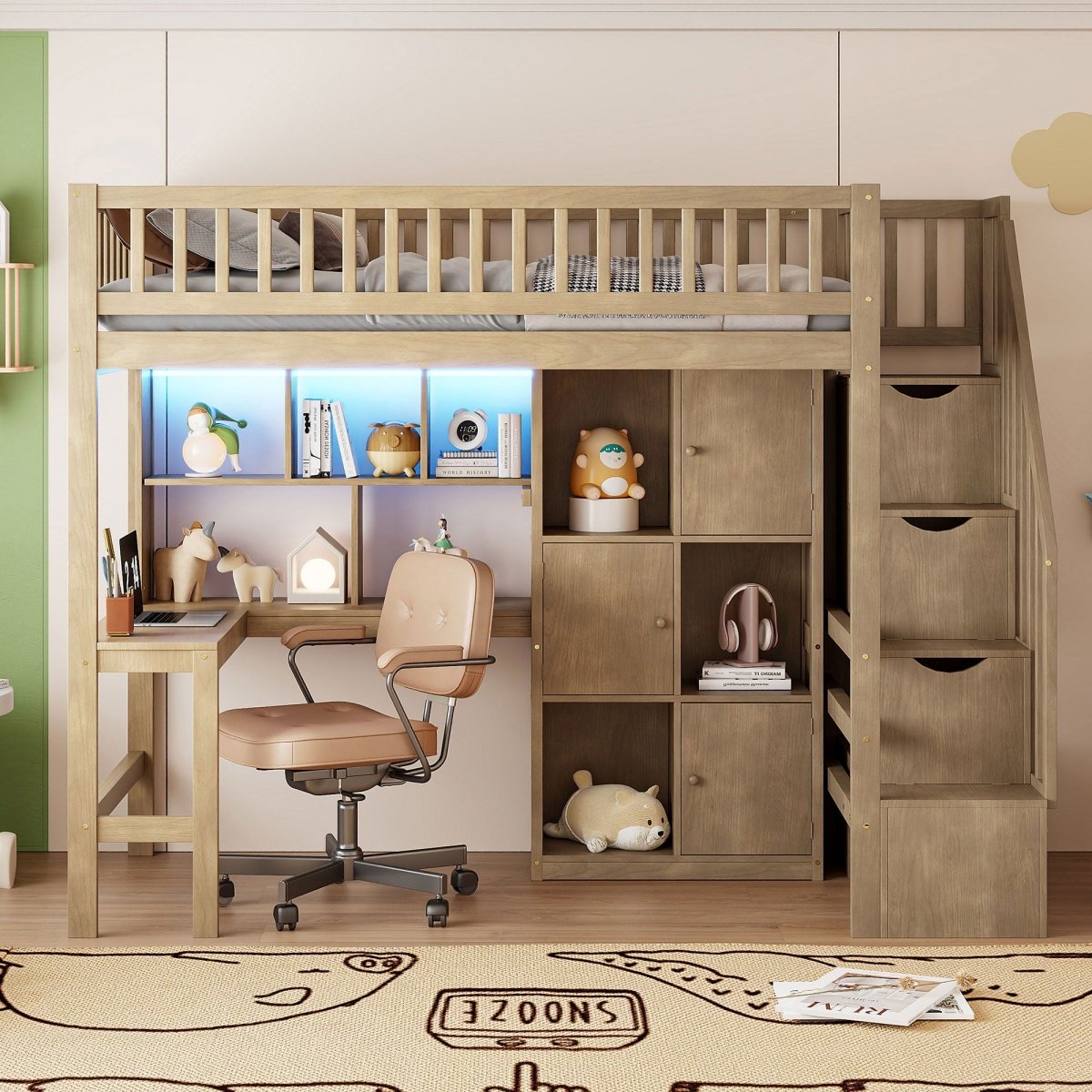 Loft Bed With Built In L Shaped Desk, LED Lights, Storage Shelves, Cabinets, And Staircase - Loft Beds available at Alpine Outlets in Denver
