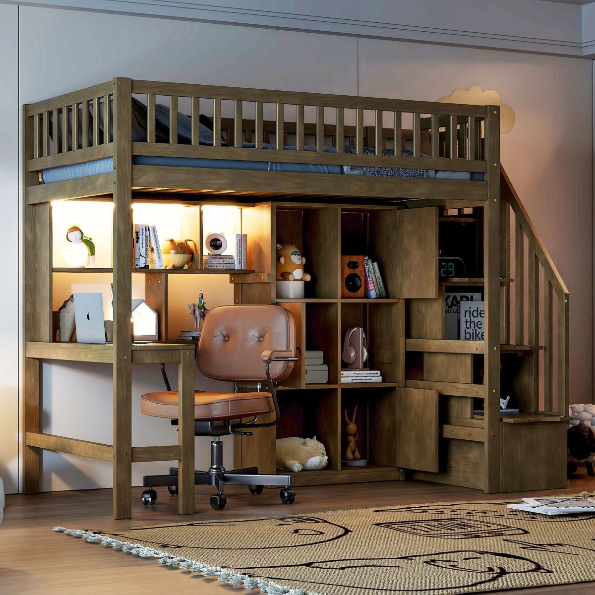 Loft Bed With Built In L Shaped Desk, LED Lights, Storage Shelves, Cabinets, And Staircase - Loft Beds available at Alpine Outlets in Denver