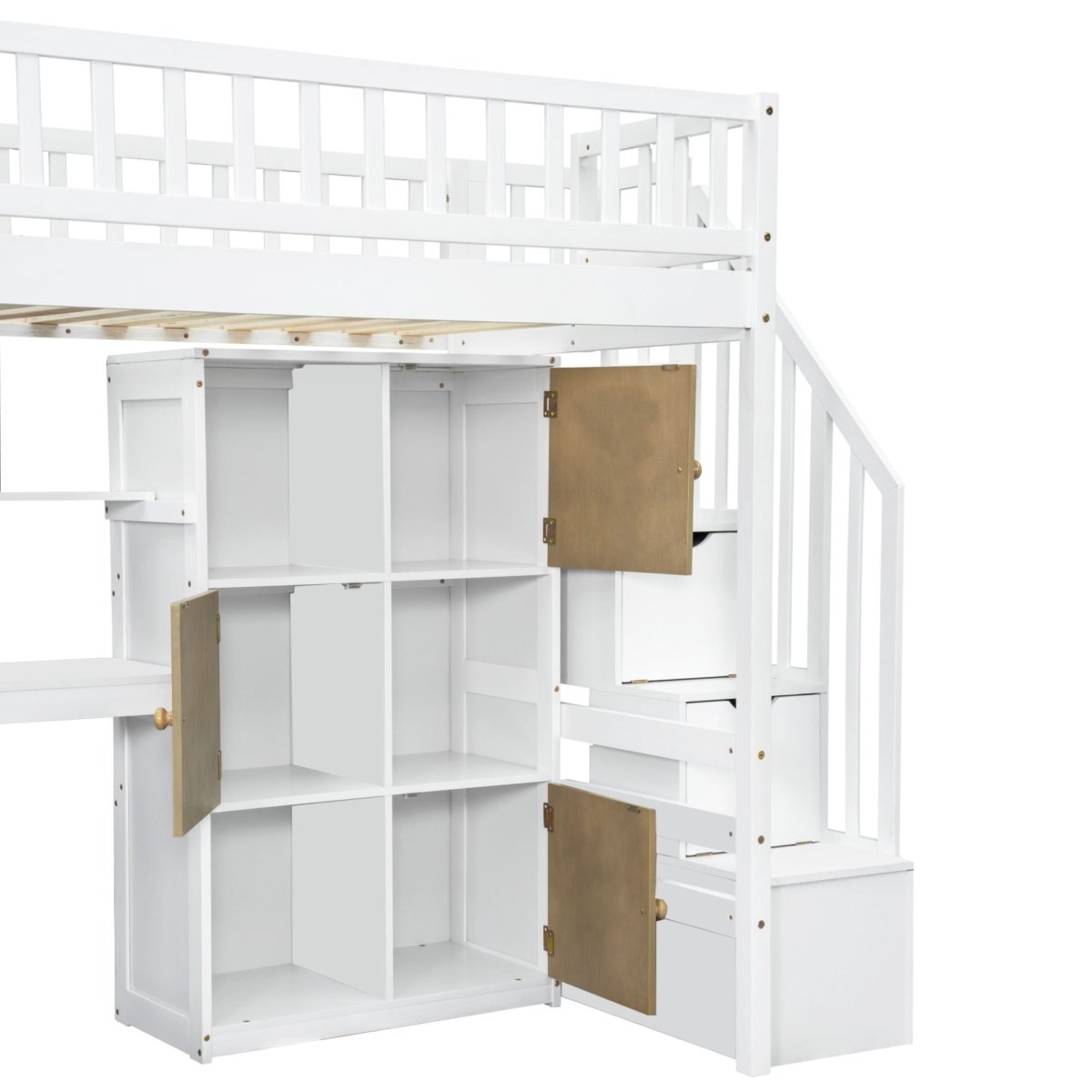Loft Bed With Built In L Shaped Desk, LED Lights, Storage Shelves, Cabinets, And Staircase - Loft Beds available at Alpine Outlets in Denver