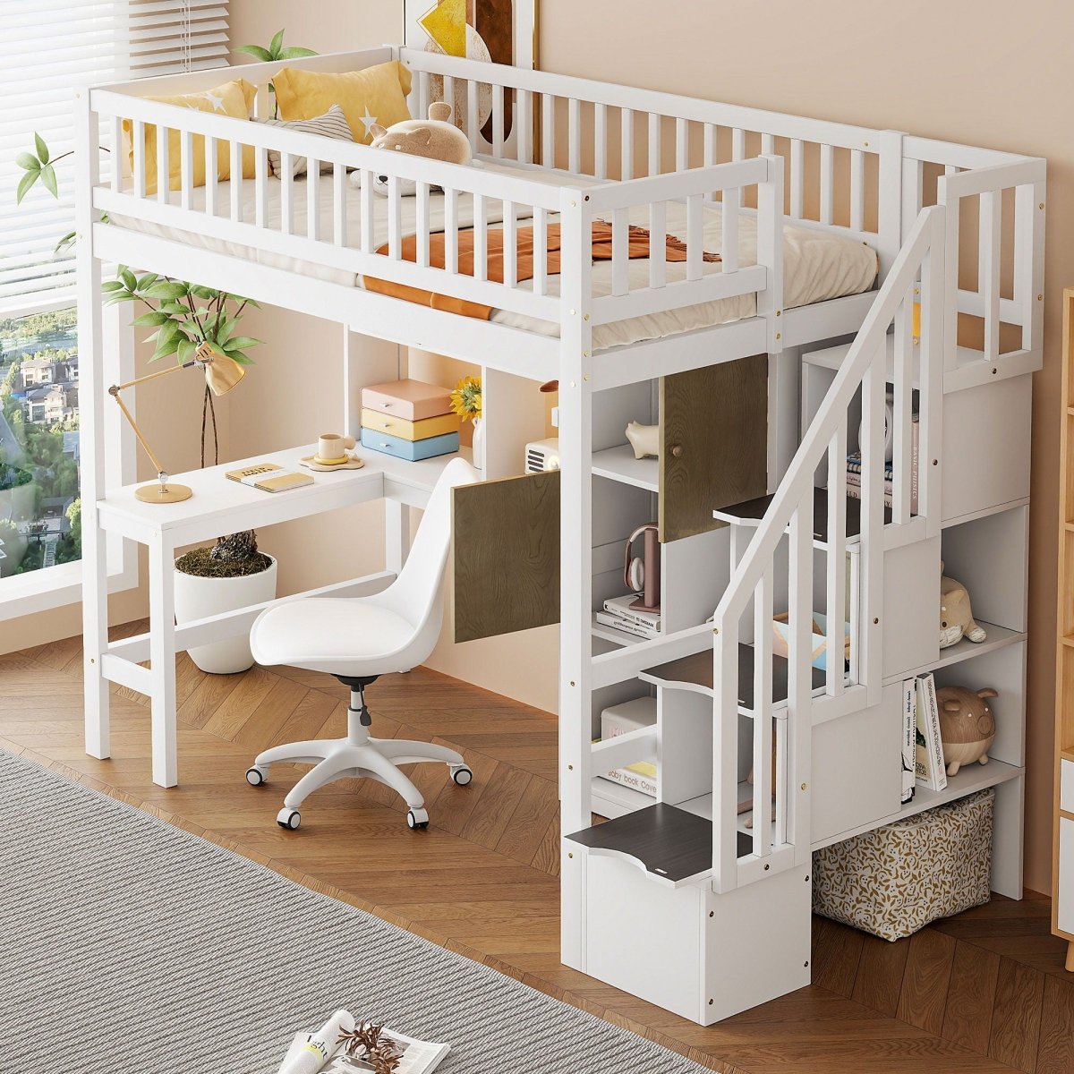 Loft Bed With Built In L Shaped Desk, LED Lights, Storage Shelves, Cabinets, And Staircase - Loft Beds available at Alpine Outlets in Denver