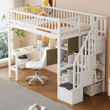 Loft Bed With Built In L Shaped Desk, LED Lights, Storage Shelves, Cabinets, And Staircase - Loft Beds available at Alpine Outlets in Denver