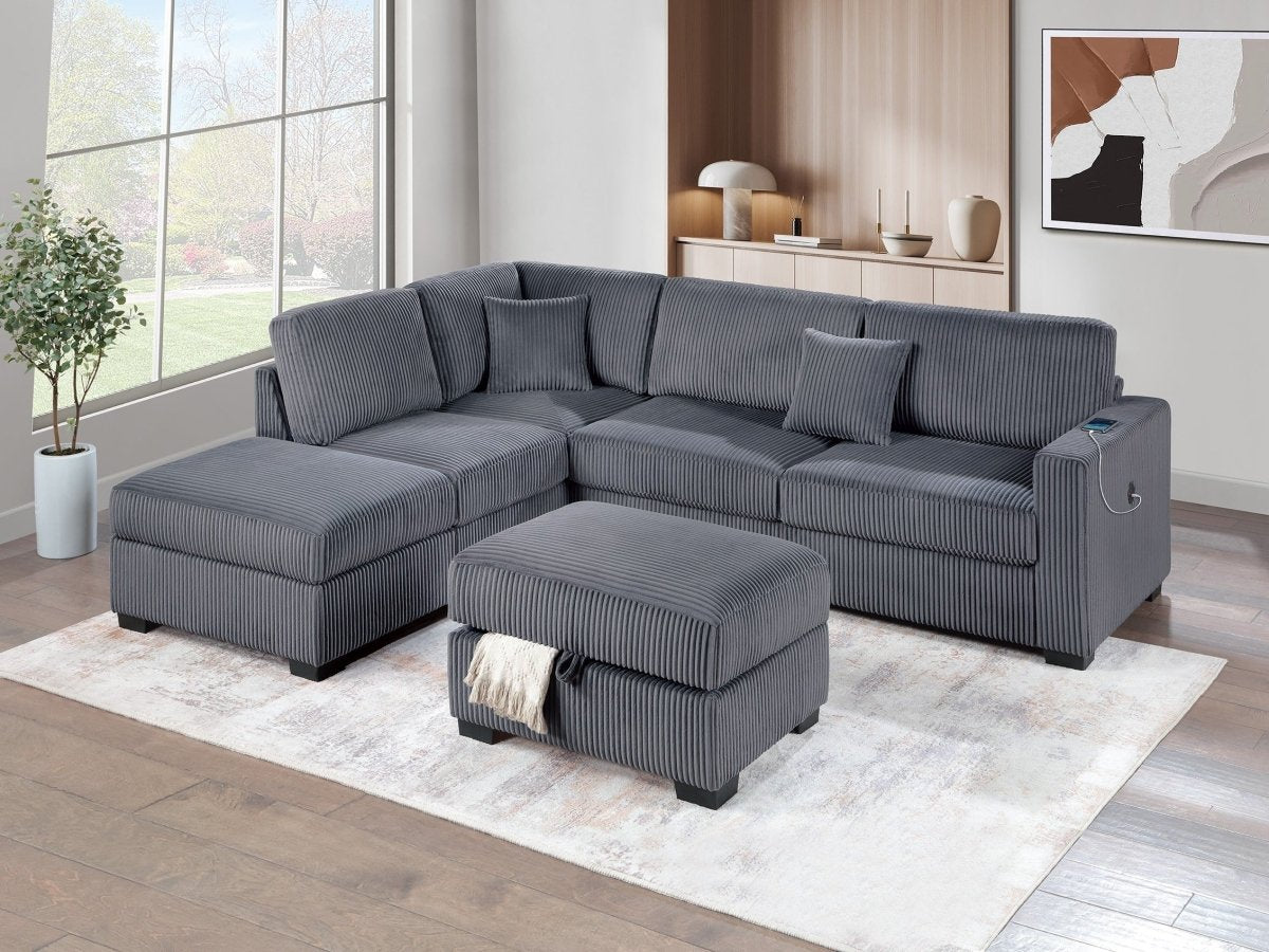 Lynmere 3-Piece Corduroy Sectional with USB & Storage Ottoman in 4 Colors - Living Room Furniture - Alpine Outlets