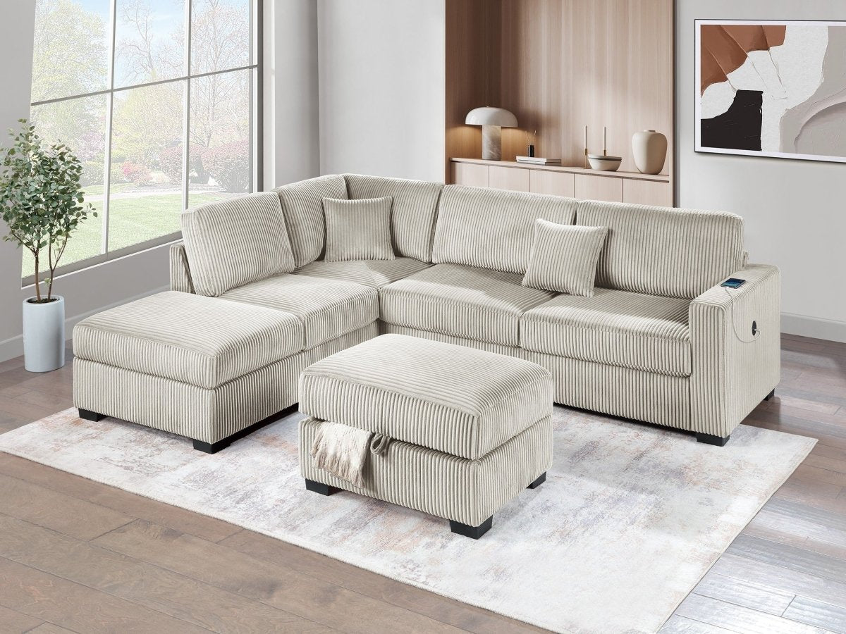 Lynmere 3-Piece Corduroy Sectional with USB & Storage Ottoman in 4 Colors - Living Room Furniture - Alpine Outlets