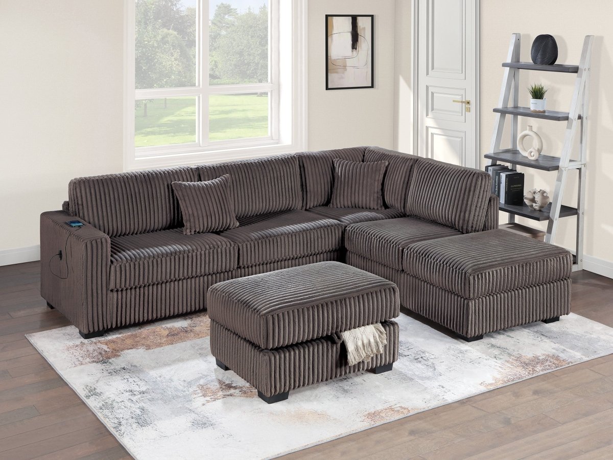 Lynmere 3-Piece Corduroy Sectional with USB & Storage Ottoman in 4 Colors - Living Room Furniture - Alpine Outlets