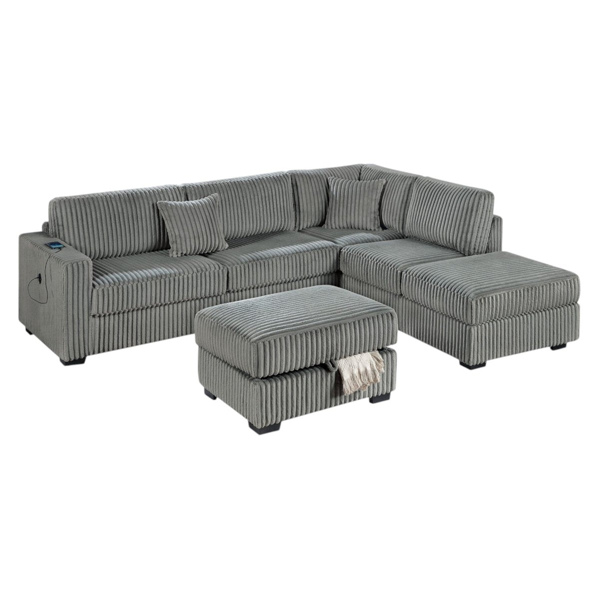Lynmere 3-Piece Corduroy Sectional with USB & Storage Ottoman in 4 Colors - Living Room Furniture - Alpine Outlets