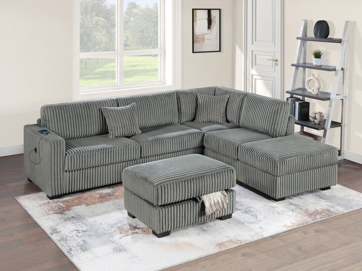 Lynmere 3-Piece Corduroy Sectional with USB & Storage Ottoman in 4 Colors - Living Room Furniture - Alpine Outlets