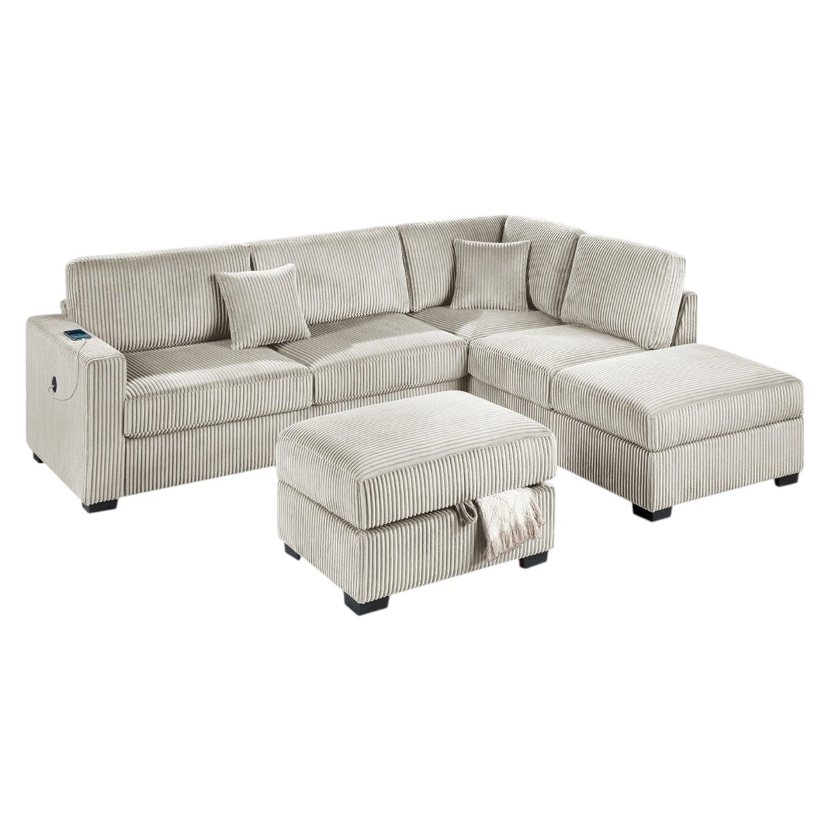 Lynmere 3-Piece Corduroy Sectional with USB & Storage Ottoman in 4 Colors - Living Room Furniture - Alpine Outlets