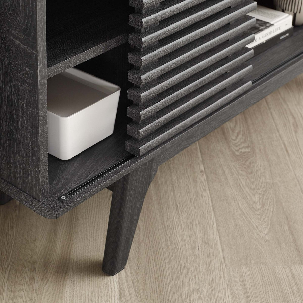 Mid Century Modern Corner TV Stand with Sliding Doors and Shelves 46 Inch - TV Stands available at Alpine Outlets in Denver