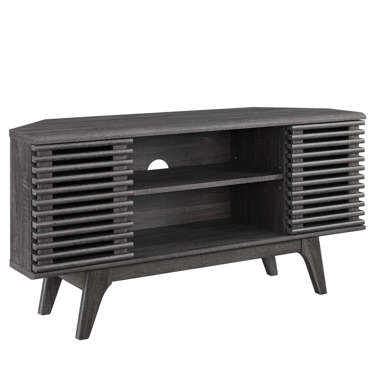 Mid Century Modern Corner TV Stand with Sliding Doors and Shelves 46 Inch - TV Stands available at Alpine Outlets in Denver