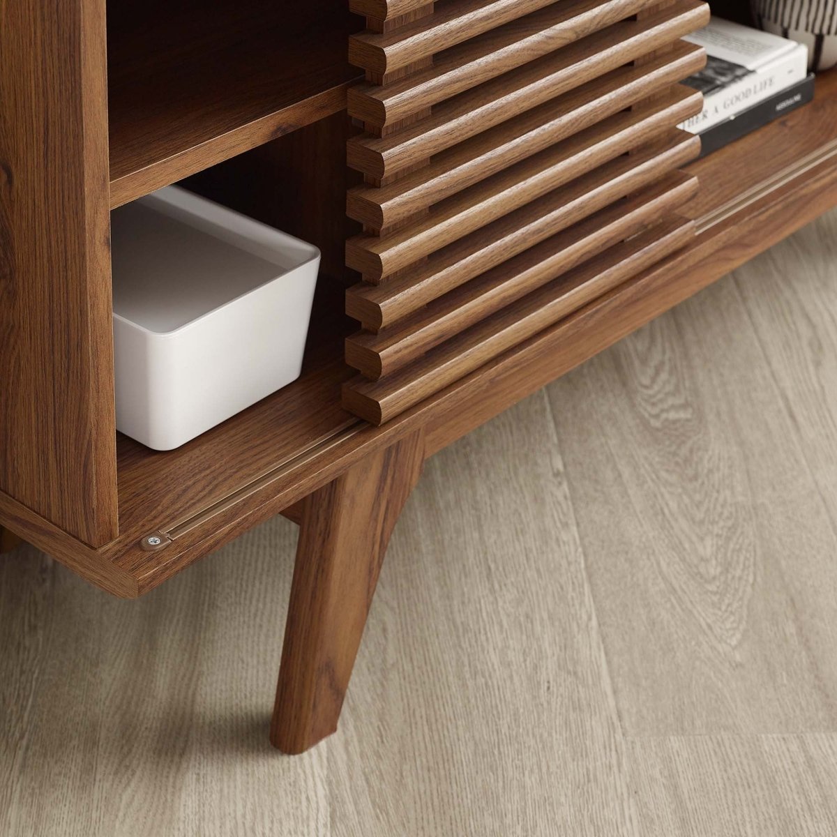Mid Century Modern Corner TV Stand with Sliding Doors and Shelves 46 Inch - TV Stands available at Alpine Outlets in Denver