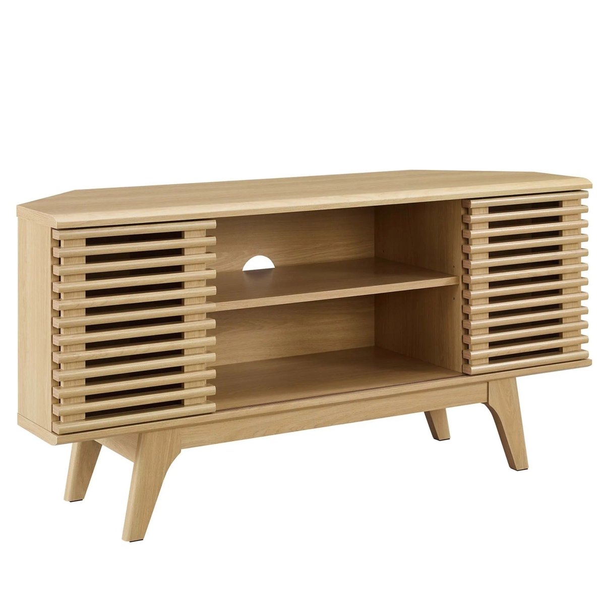 Mid Century Modern Corner TV Stand with Sliding Doors and Shelves 46 Inch - TV Stands available at Alpine Outlets in Denver