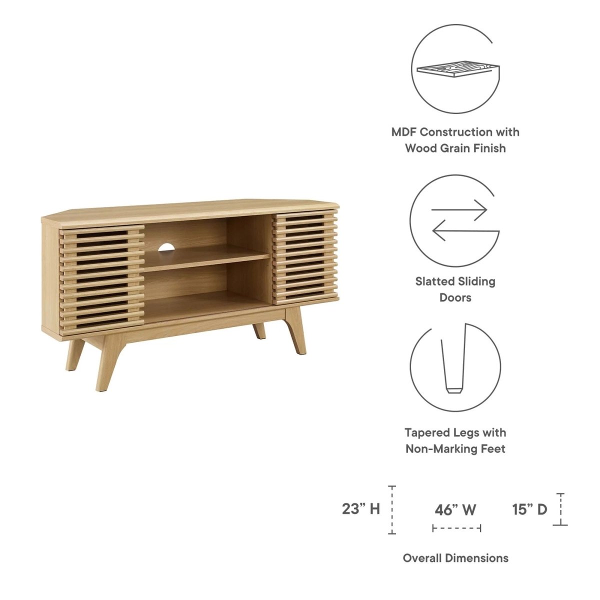 Mid Century Modern Corner TV Stand with Sliding Doors and Shelves 46 Inch - TV Stands available at Alpine Outlets in Denver