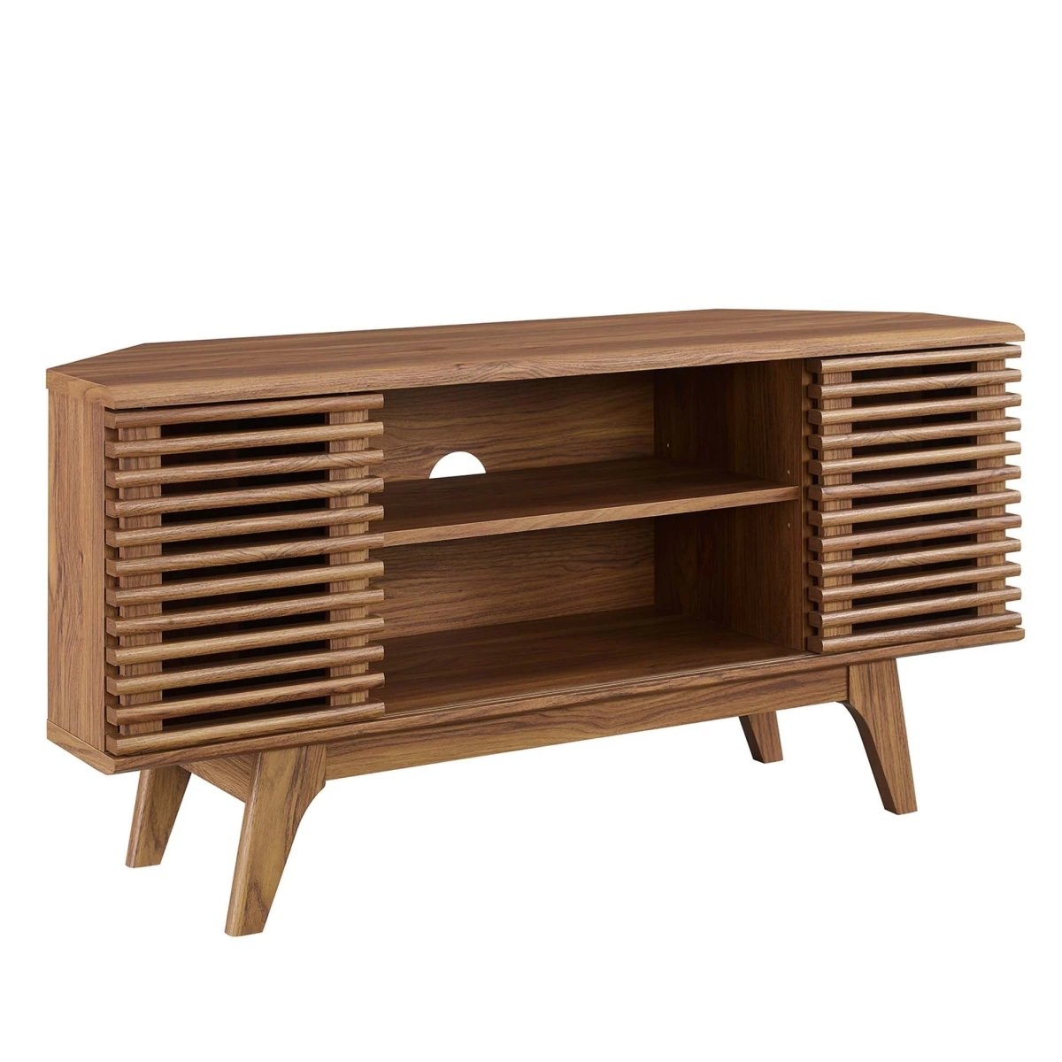 Mid Century Modern Corner TV Stand with Sliding Doors and Shelves 46 Inch - TV Stands available at Alpine Outlets in Denver