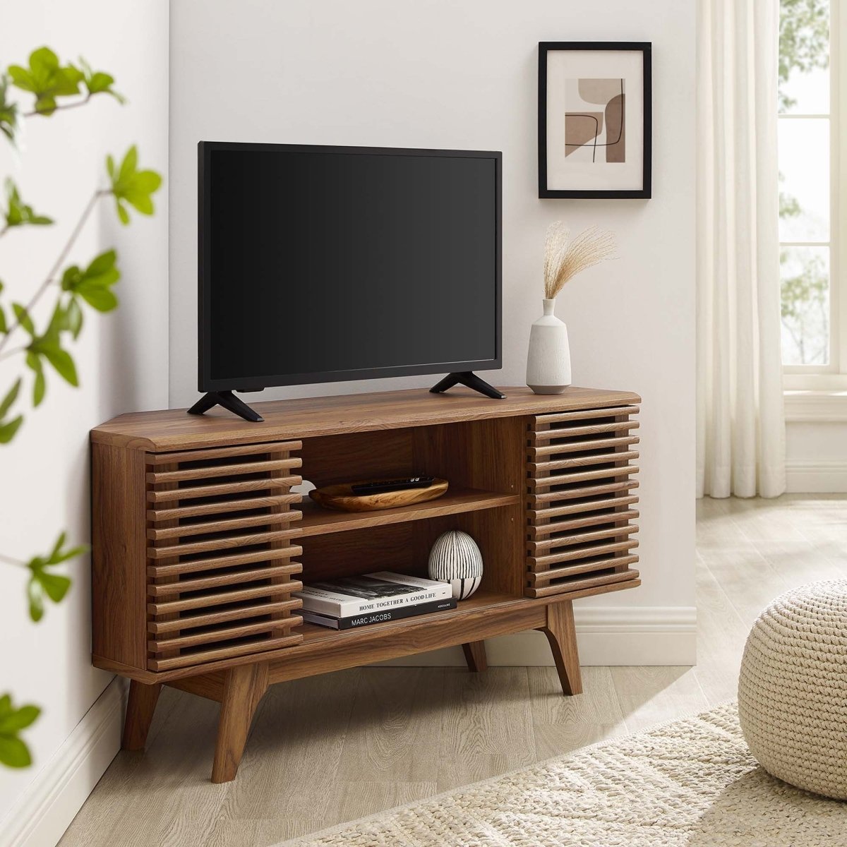 Mid Century Modern Corner TV Stand with Sliding Doors and Shelves 46 Inch - TV Stands available at Alpine Outlets in Denver