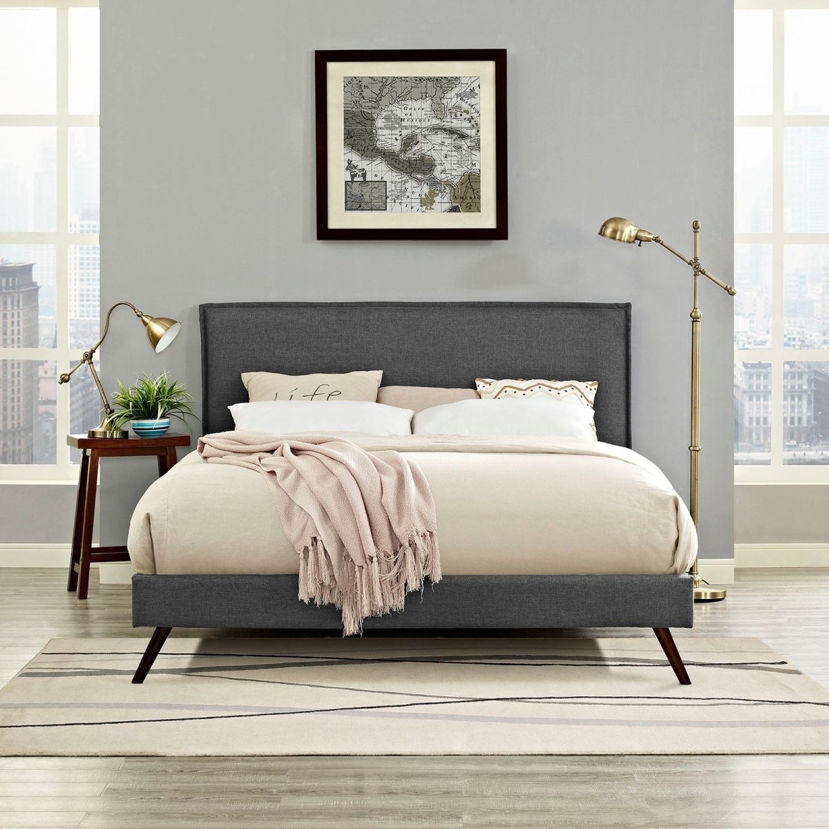 Mid - Century Modern Fabric Platform Bed with Round Splayed Legs - Platform Bed available at Alpine Outlets in Denver