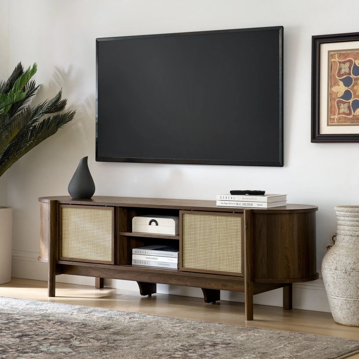 Mid Century Modern Oval TV Stand with Sliding Doors and Storage 61 Inch - TV Stands available at Alpine Outlets in Denver