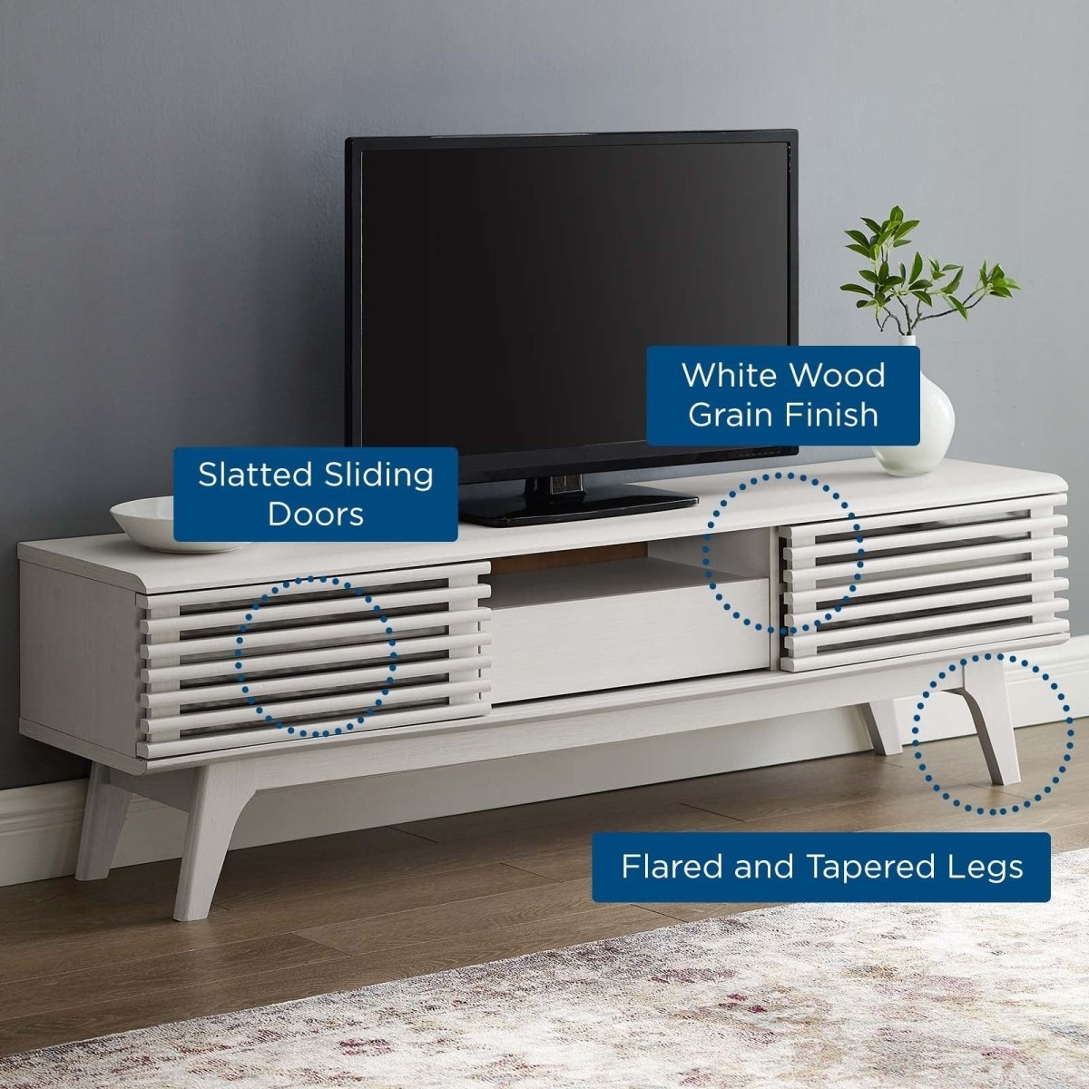 Mid Century Modern TV Stand with Dual Sliding Doors and Drawer 59 Inch - TV Stands available at Alpine Outlets in Denver