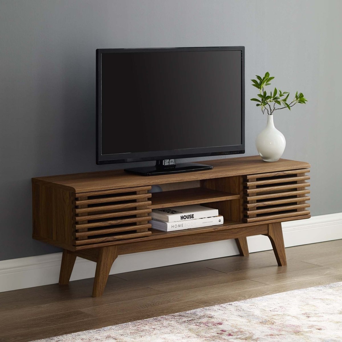 Mid Century Modern TV Stand with Sliding Doors and Adjustable Shelves 46 Inch - TV Stands available at Alpine Outlets in Denver