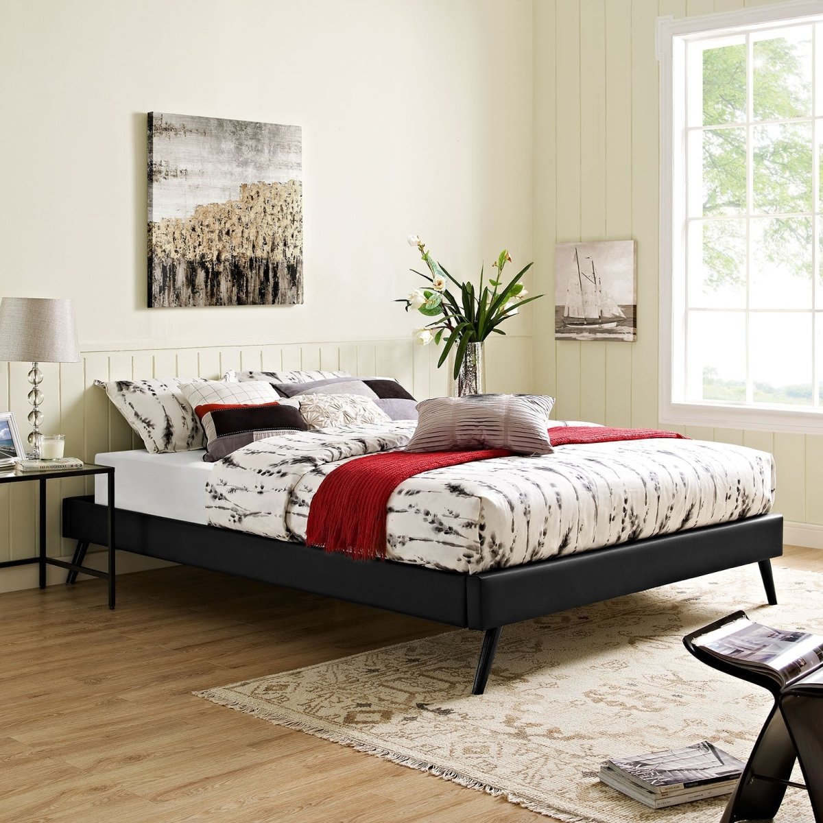 Mid - Century Modern Upholstered Vinyl Bed Frame with Round Splayed Legs - Platform Bed available at Alpine Outlets in Denver