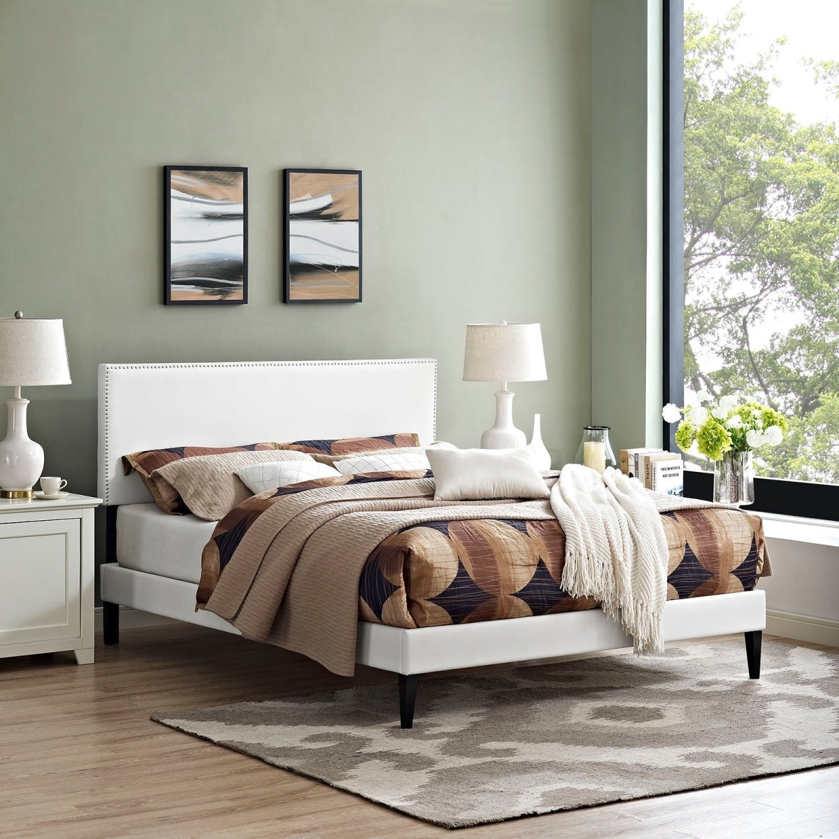 Mid - Century Modern Upholstered Vinyl Full Platform Bed in White - Platform Bed available at Alpine Outlets in Denver