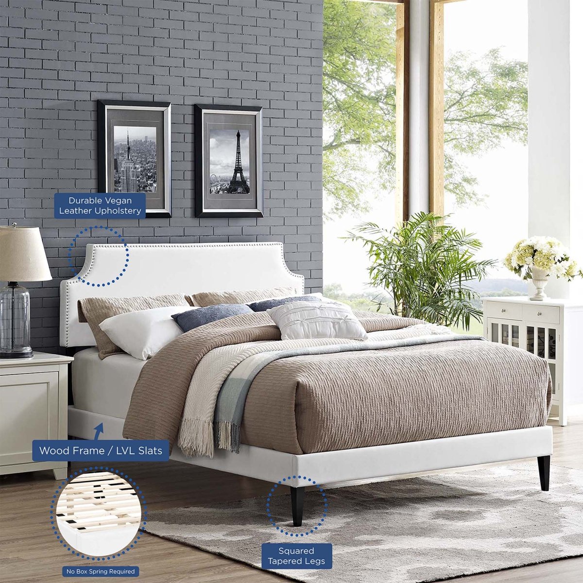Mid - Century Modern Upholstered Vinyl Platform Bed in Wite - Platform Bed available at Alpine Outlets in Denver