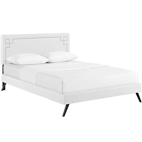 Mid - Century Modern Upholstered Vinyl Queen Platform Bed with Round Splayed Legs in White - Platform Bed available at Alpine Outlets in Denver