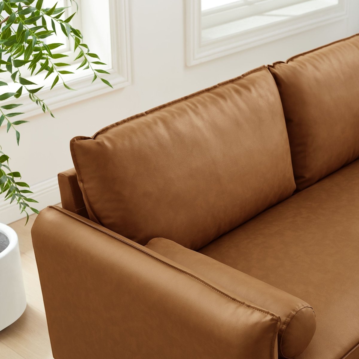 Mid - Century Modern Vegan Leather Sofa with Bolster Pillows - Living Room Furniture available at Alpine Outlets in Denver