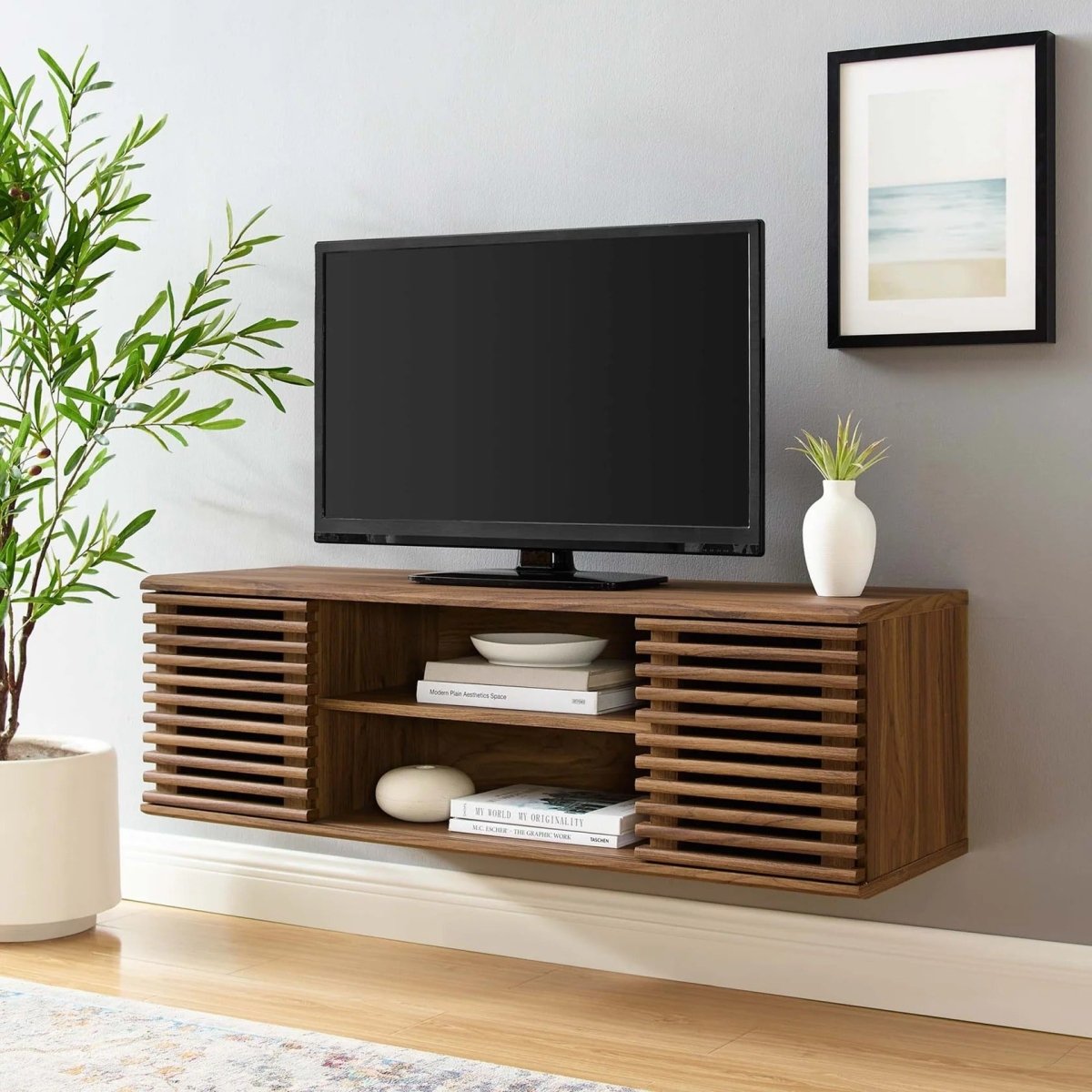 Mid Century Modern Wall Mount TV Stand with Sliding Doors and Storage 46 Inch - TV Stands available at Alpine Outlets in Denver