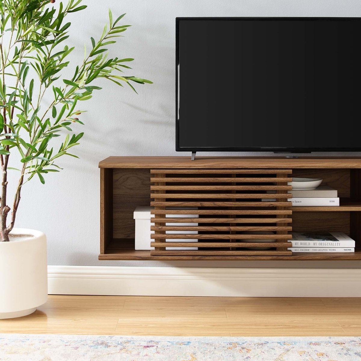 Mid Century Modern Wall Mount TV Stand with Sliding Doors and Storage 60 Inch - TV Stands available at Alpine Outlets in Denver