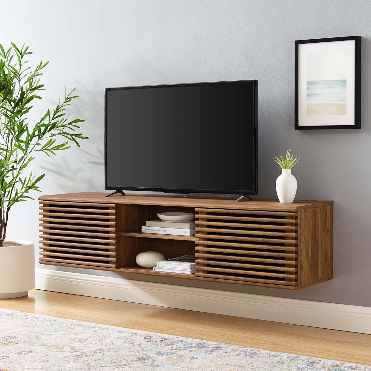 Mid Century Modern Wall Mount TV Stand with Sliding Doors and Storage 60 Inch - TV Stands available at Alpine Outlets in Denver
