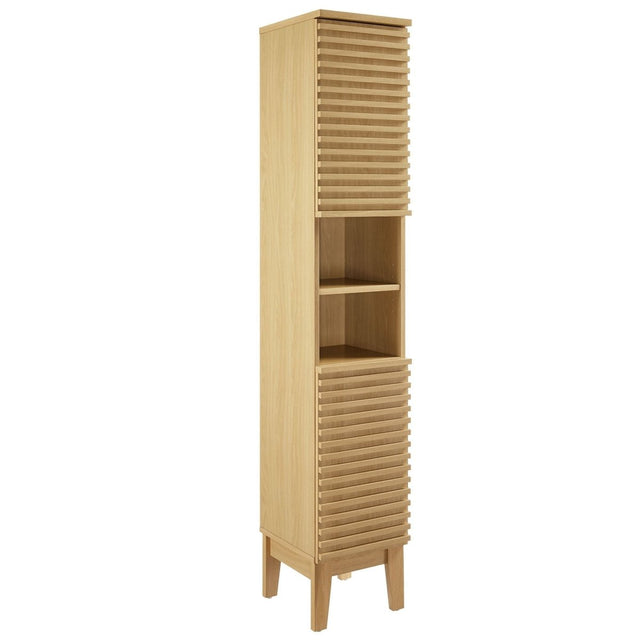 63" Oak Mid-Century Tall Narrow Bathroom Storage Cabinet - Bathroom - Alpine Outlets