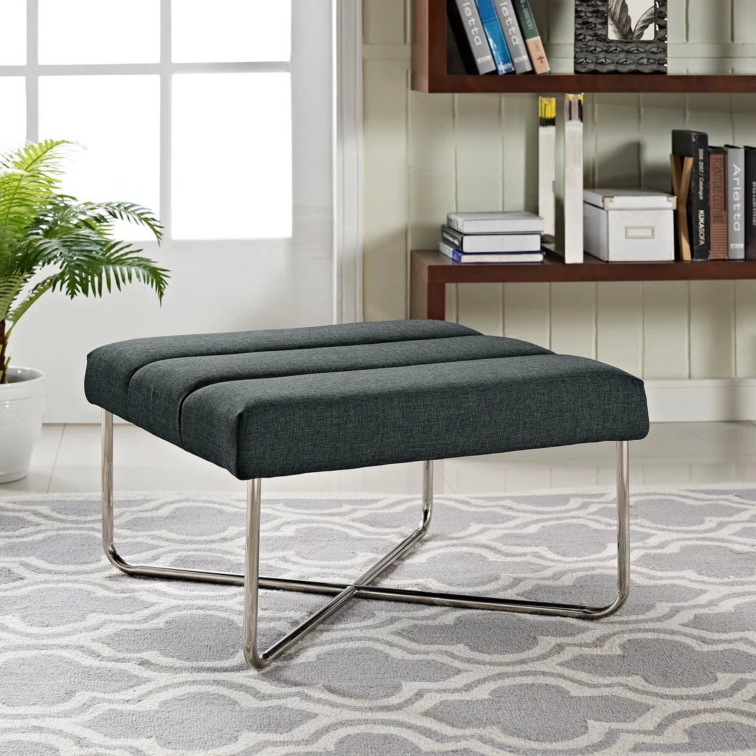 Modern Fabric Ottoman with Steel Base – Gray 26 Inch - Ottomans available at Alpine Outlets in Denver