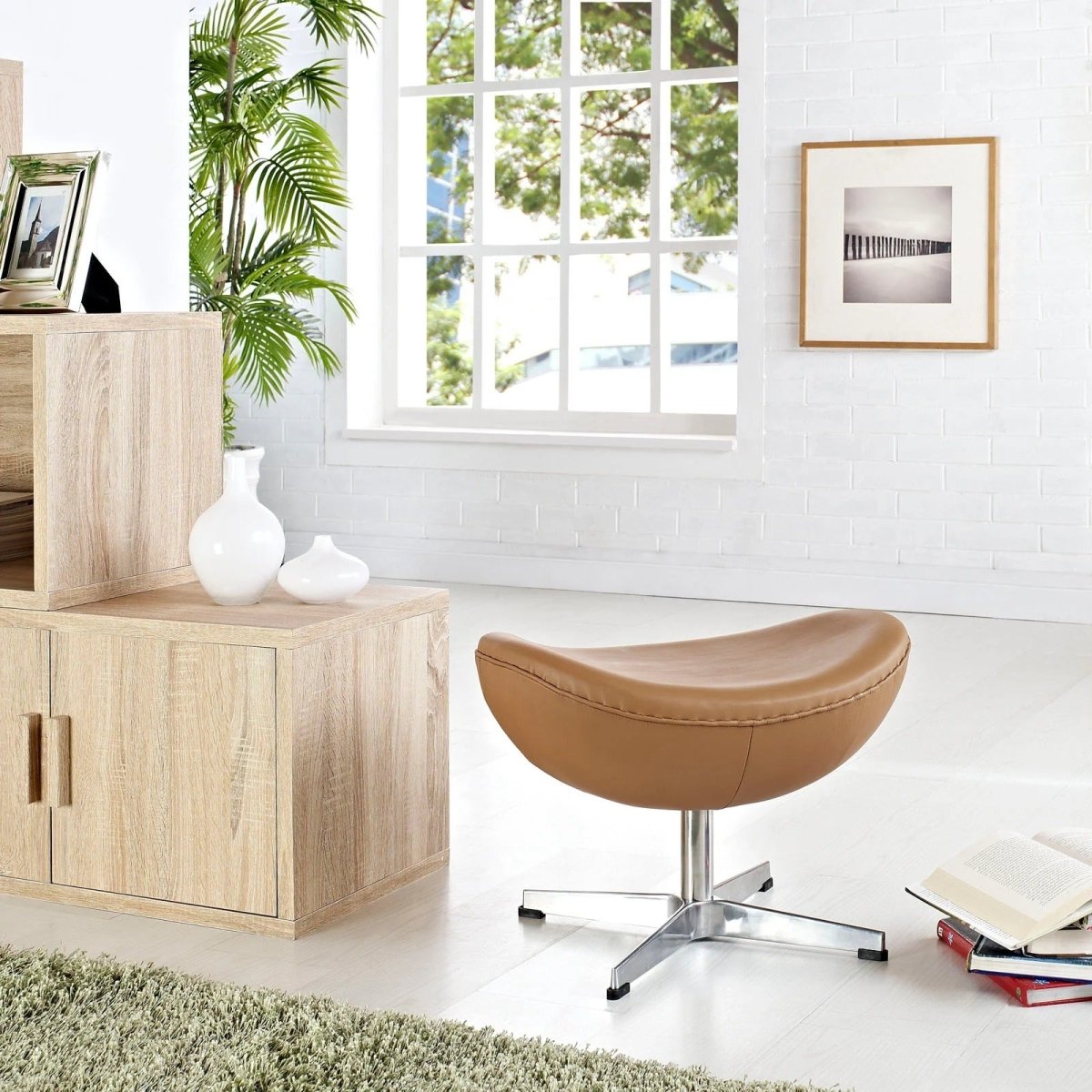 Modern Leather Ottoman with Aluminum Base – Sculptural 22 Inch - Ottomans available at Alpine Outlets in Denver