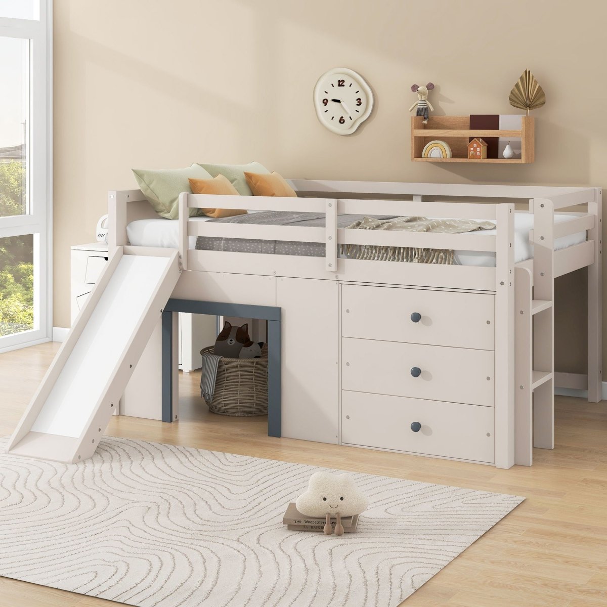 Modern Low Loft Bed With Slide, 3 Storage Drawers, And 2 Doors - Loft Beds available at Alpine Outlets in Denver