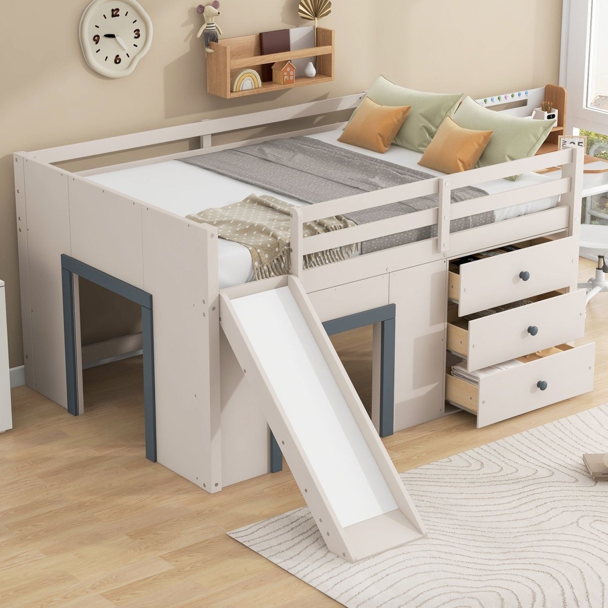 Modern Low Loft Bed With Slide, 3 Storage Drawers, And 2 Doors - Loft Beds available at Alpine Outlets in Denver